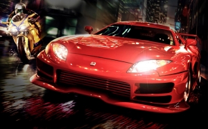 Bike Vs Red Car Widescreen Wallpaper