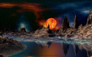 Space Background Of A Red Giant Sun Setting Over Rocky Alien Pla