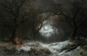 Winter Landscape Bonfire Moon Night Painting Travelers Winter